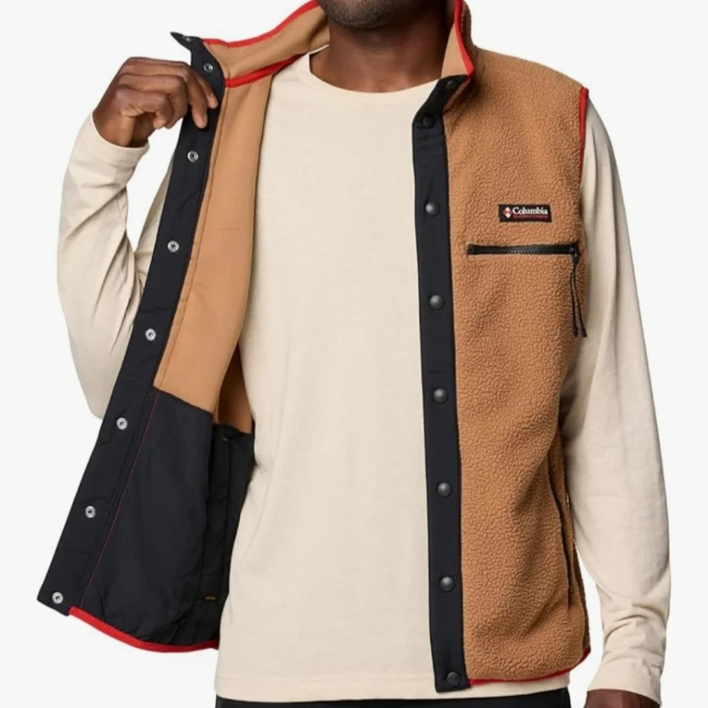 COLUMBIA Fleece VEST TAN RED BLACK Snap Front XL Mens Helvetia II NEW $75 ZIP - Picture 4 of 7